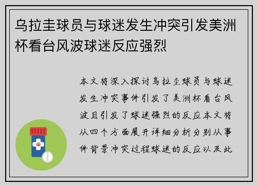 乌拉圭球员与球迷发生冲突引发美洲杯看台风波球迷反应强烈