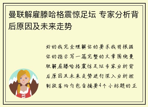 曼联解雇滕哈格震惊足坛 专家分析背后原因及未来走势