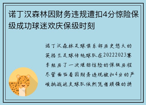 诺丁汉森林因财务违规遭扣4分惊险保级成功球迷欢庆保级时刻 诺丁汉森林因财务违规遭扣4分惊险保级成功球迷欢庆保级时刻